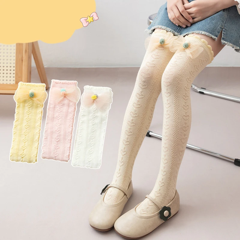 Summer Mesh Bow Stockings Princess Kids Lace Socks 3-12Year Baby Calf Sock JK Lolita Girls Long Tube Socks Children Footwear