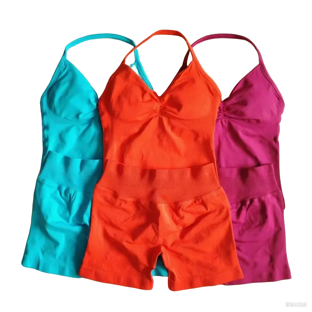 Terno de fitness de impacto de 2 peças feminino halter colete cintura alta sem costura shorts terno de fitness roupas esportivas terno de treino