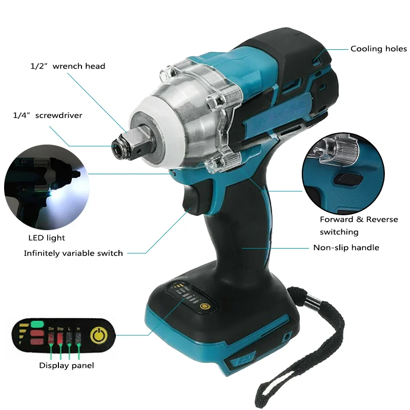 Chave elétrica sem escova DTW285 Chave de impacto elétrica sem fio de função dupla [pode usar baterias Makita]