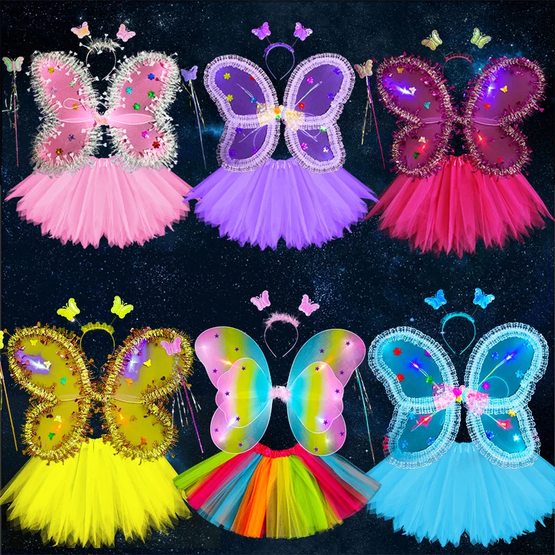 Girls Costume Props Girls Skirts Angel Lace Wings Flashing Butterfly Skirt Lights Suit Easter Valentines Day