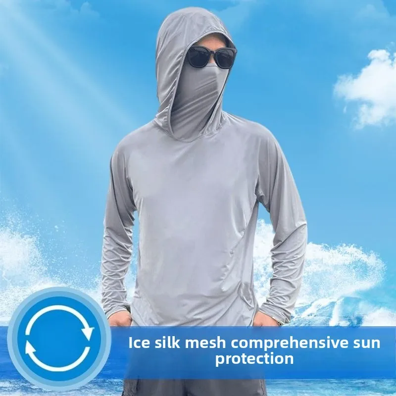 Summer Men's Hooded Sunscreen Clothing Long Sleeves Ultra-thin Ice Silk Coolchill Fabric Outdoor Cycling Fishing Mesh Pullover