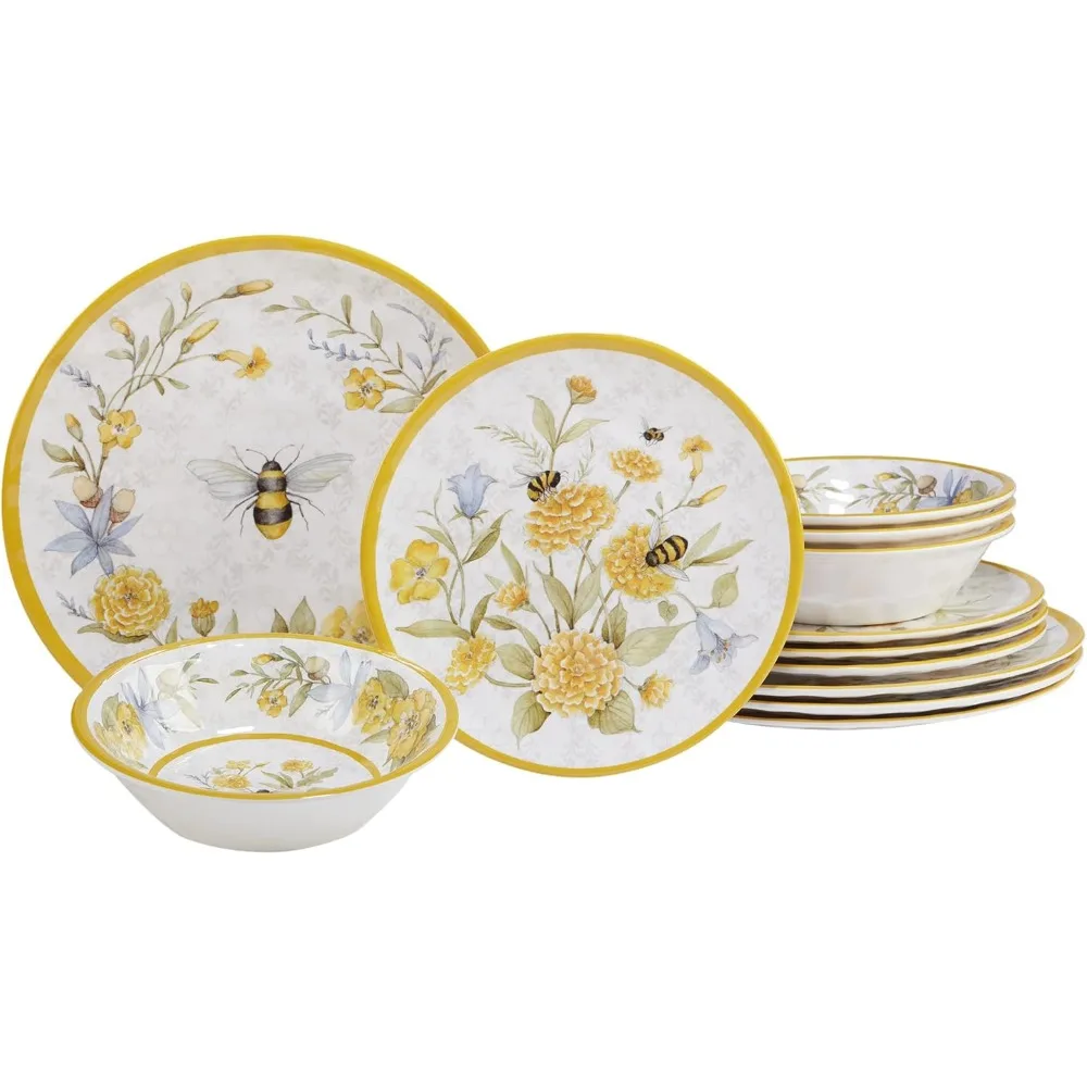 

International Bee Sweet 12-Piece Melamine Dinnerware Set for 4, Bee & Floral Design, Durable and Shatterproof