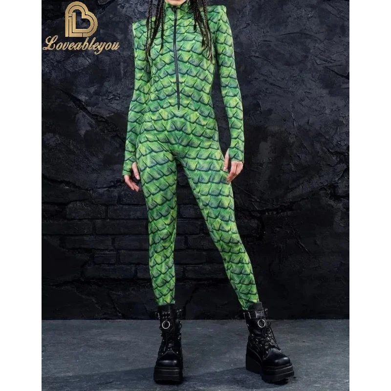 

hhh 2025Женский боди с зеленой рыбьей чешуей, цветок, кость, череп, 3D принт, нарядный комбинезон, костюмы для косплея на Хэллоуин, наряд