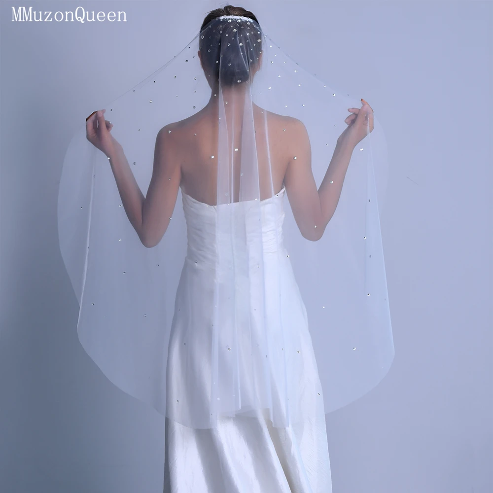 MMQ velo de novia decorado con diamantes de imitación largos de un solo dedo, tul suave blanco, accesorios de boda al aire libre, vestido de mujer voile M31