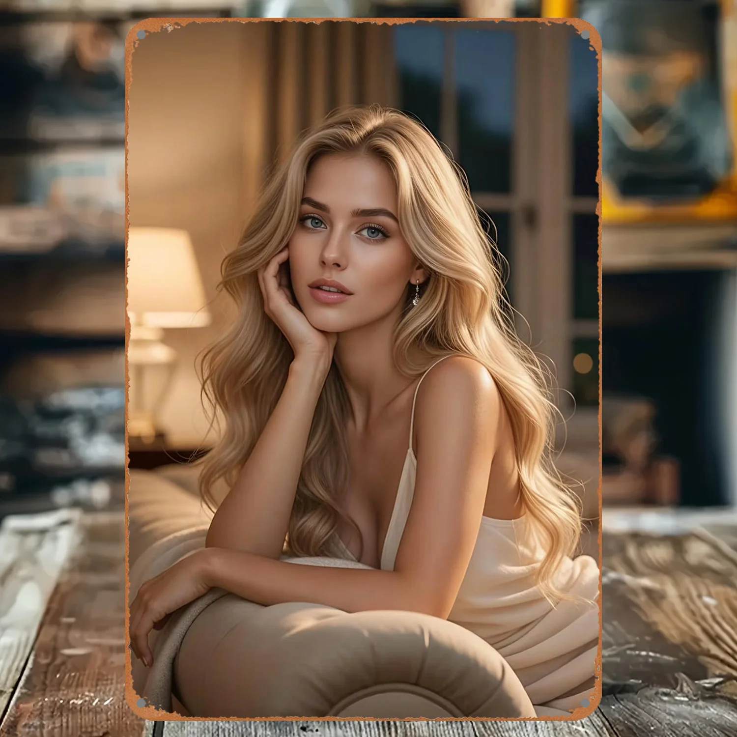 Vintage Metal Tin Sign Soft Blonde Lady Portrait Art Wall Decor Bedroom Living Room Villa Wall Sign