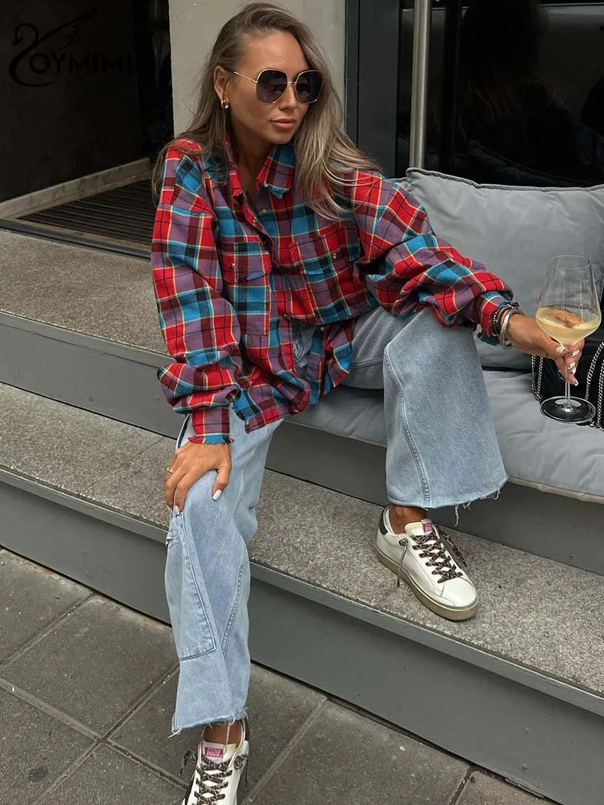 Oymimi-Blusa con estampado de cuadros rojos para mujer, camisa de manga larga con cuello vuelto, informal, con bolsillos, de una sola botonadura