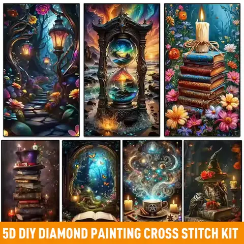 5D DIY Diamond Painting Cross Stitch Kit - Fantasy Magic Books Design, Full Square/Round Diamond Mosaic for Home Decoration