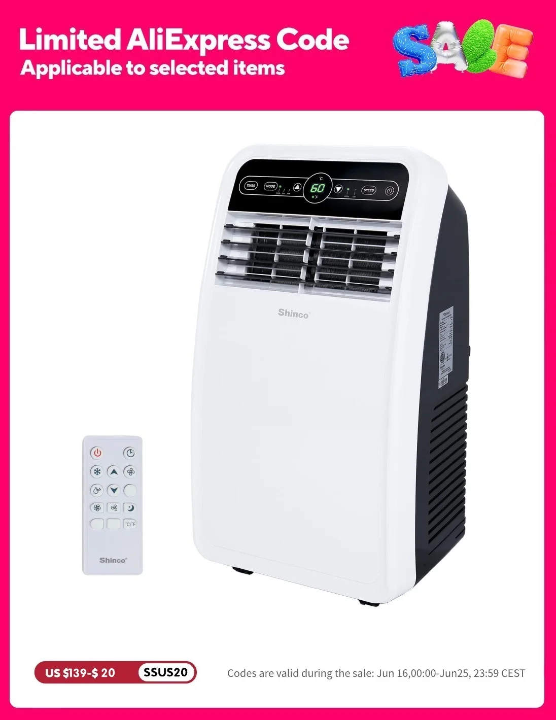 Shinco Aire acondicionado portátil de 8.000 BTU, unidad de CA con modos de ventilador, deshumidificador y ventilador integrados para habitaciones de hasta 200 pies cuadrados