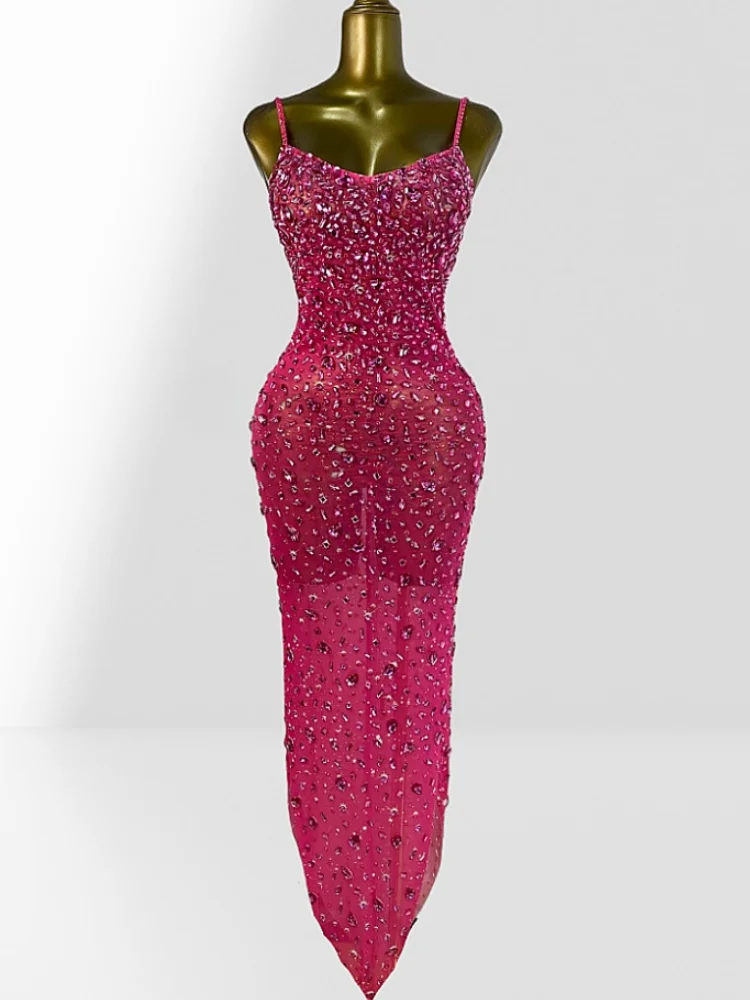 Luxury Sparkling Diamonds Mesh Sexy Throug Spaghetti Strap Dress  Fashion Woman Birthday Party Dress Stage Performance Costume