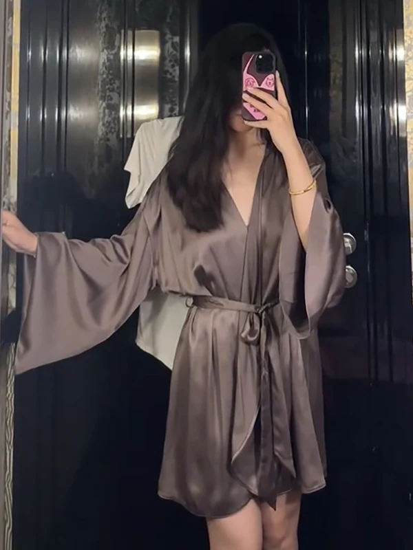 fensee-high-end-sleepwear-waist-cinching-belted-short-morning-gown-v-neck-back-ice-sensation-strap-dress-short-satin