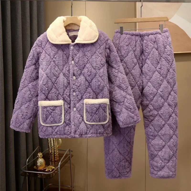 

Winter Female Pajamas Women Thickened Plush Loungewear Coral Velvet Warm Three-layer Sleepwear Cotton Casual Flannel Homewear