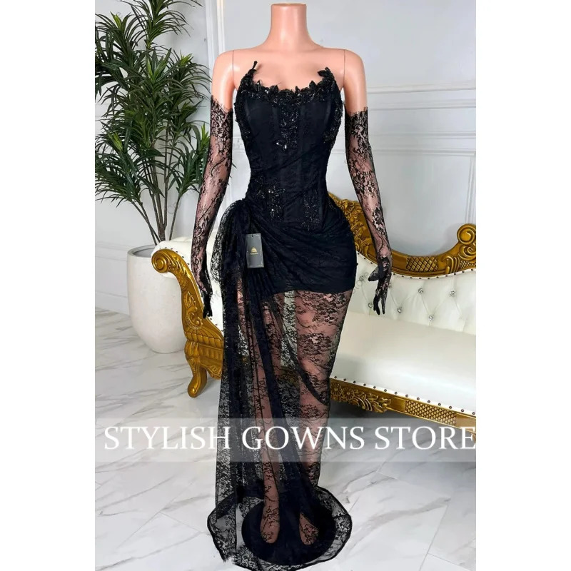 

Stylish Black Lace Prom Dress 2026 With Gloves Strapless See Thru Formal Evening Party Gowns vestidos de noche Customized