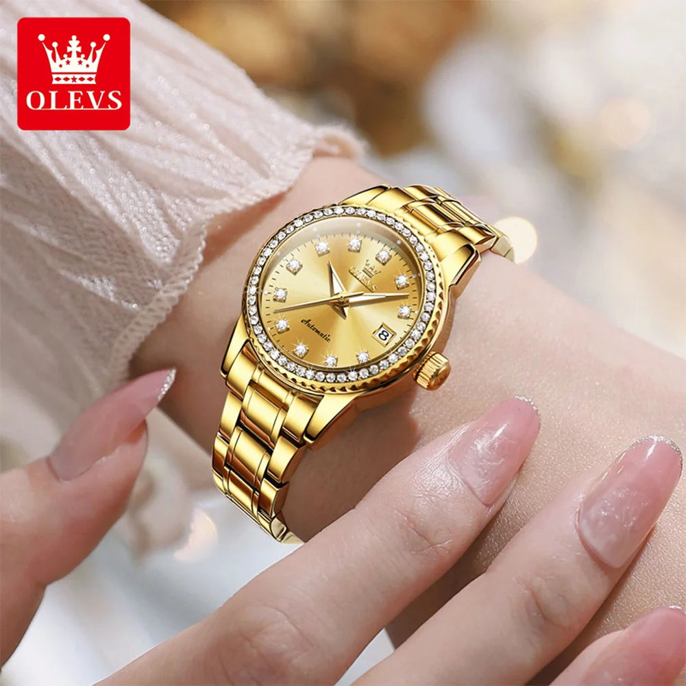 OLEVS 7003 Womens Watch Elegant Luxury Mechanical Watch Scale Waterproof Luminous Automatic Date Ladies Watch Gift Box