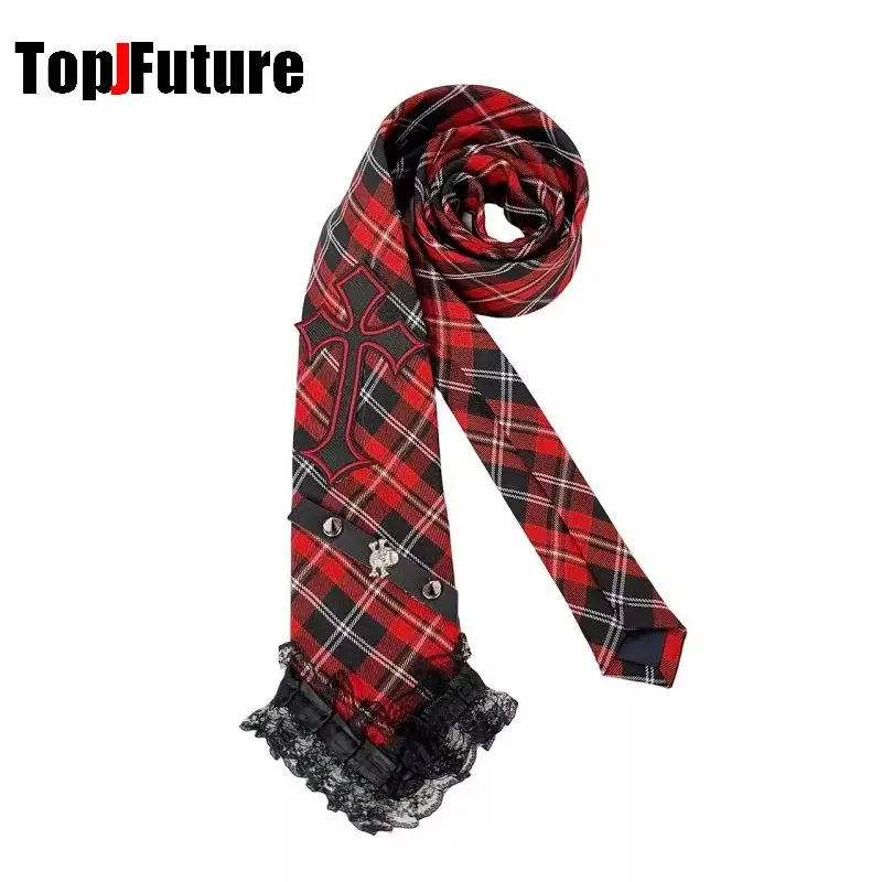 Red Black Checkered Women Men Steampunk Pre-Tied Tie Punk Y2K Girl Gothic Lazy Versatile JK Tie Chain Pin Adjustable Cross Dark