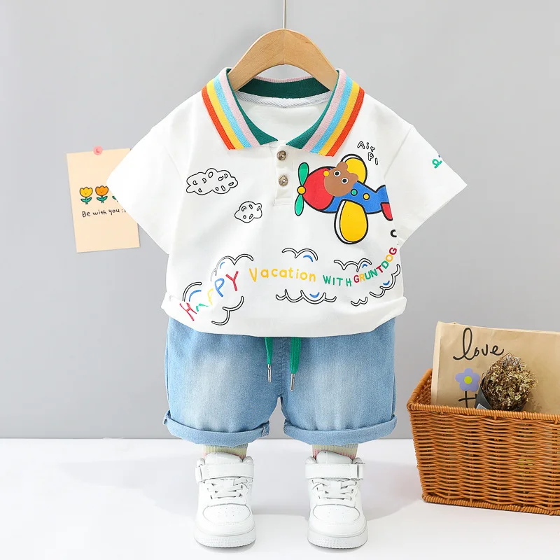 Nuevos Conjuntos de Verano para Bebé, Camisetas Polo de Manga Corta con Estampado de Dibujos Animados para Niños + Pantalones Cortos de Mezclilla, Ropa Casual para Niños Pequeños