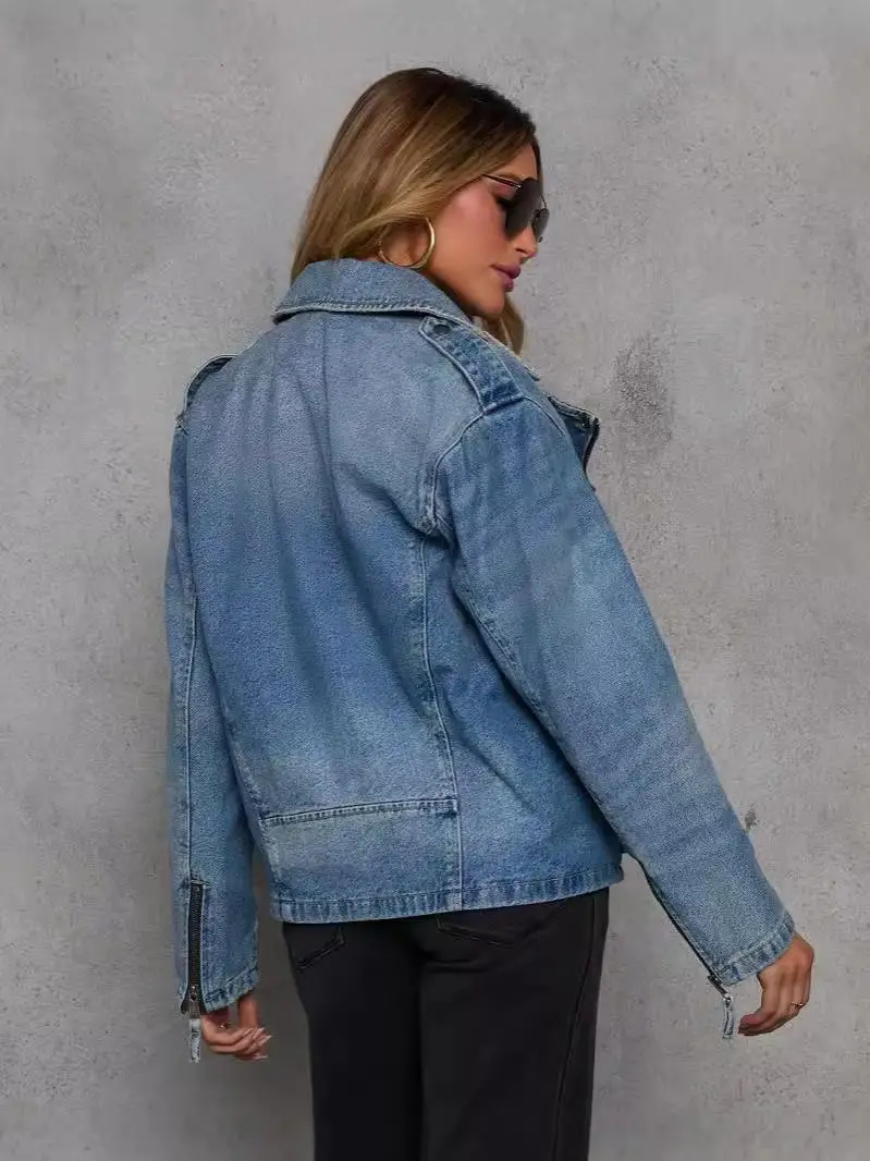 

Ретро американский трансграничный свободный женский джинсовый топ Jaet Long Sve Spicy Girl, синий свободный крой, джинсовый рукав, осень 2025 г.