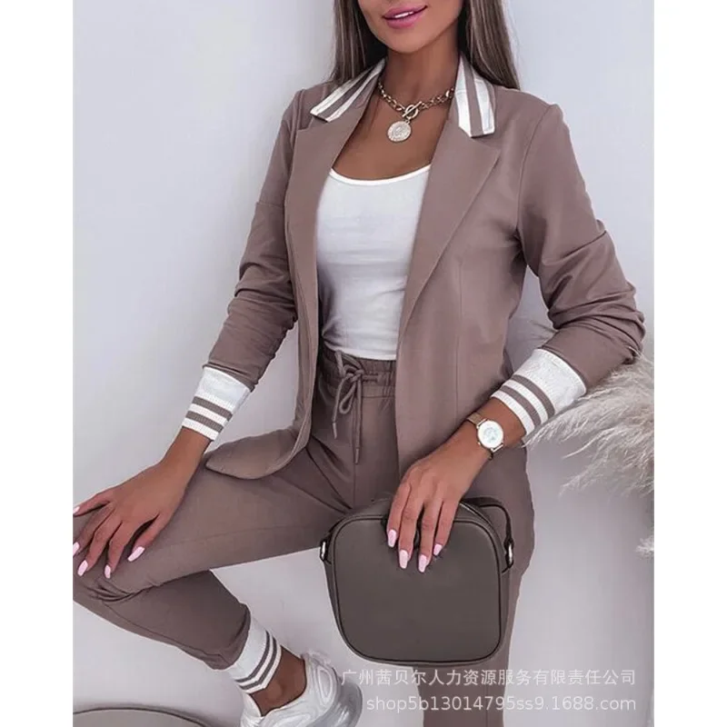 2024 Autumn Winter New Women\'s Striped Long Sleeve Suit Coat Drawstring Trousers Casual Suit Casual All-Matching