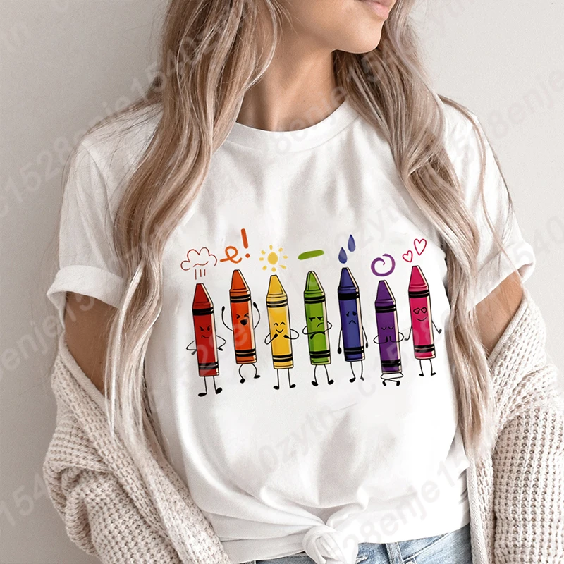 Teacher Crayon Print T-shirts For Women Fashion Casual Round Neck Tee Shirts Summer Short Sleeve Tees Creative Personalized Tops