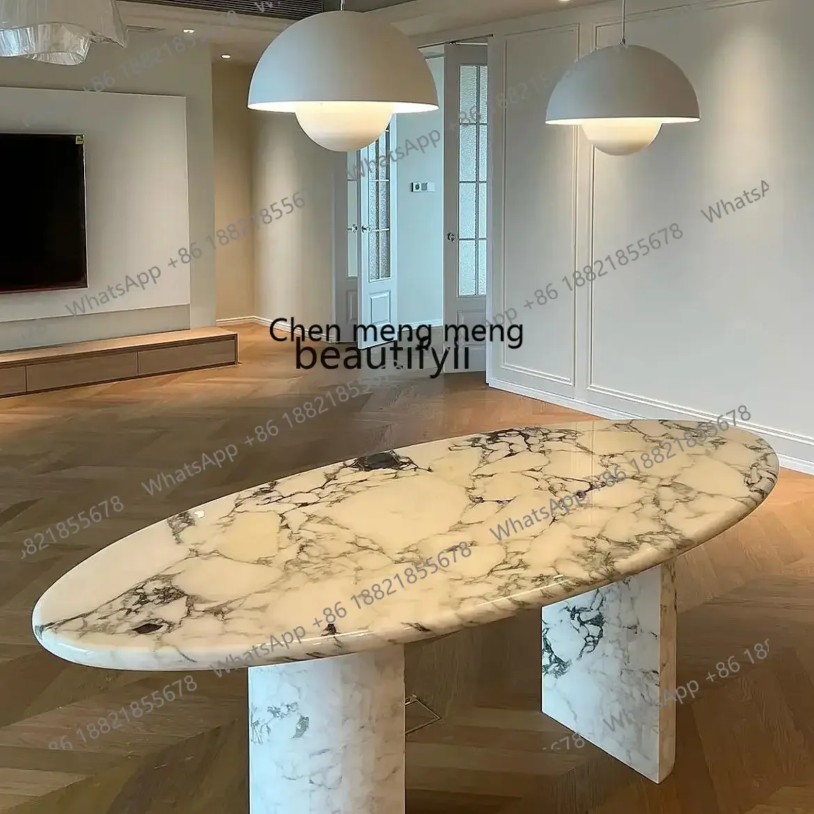 

French, marble dining table light luxury, retro simple villa Nordic ins oval dining table2936