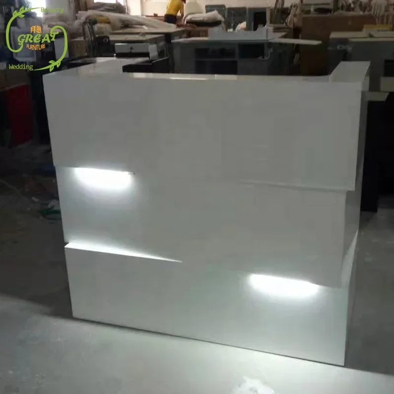 2023 Modern White Wooden Cash Counter Desk Beauty Salon Spa Clinic Reception Desk With Led Lighting