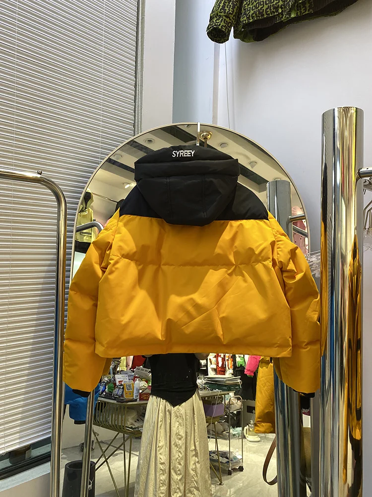 Trendy short workwear down jacket women's winter new style letter printing hooded splicing contrasting white duck down coat