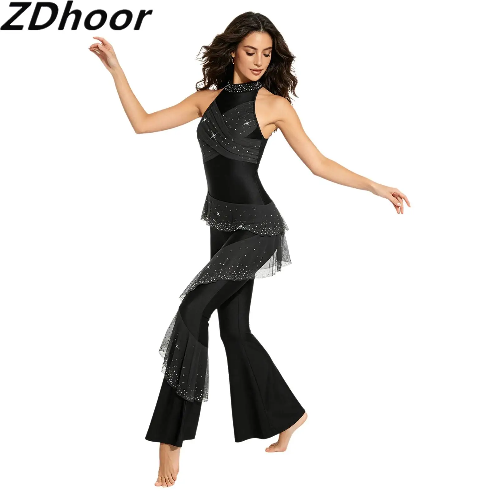 

Women Rumba Disco Dance Flared Rompers Rhinestone Mesh Overlays Mock Neck Sleeveless Bell Bottoms Jumpsuit Modern Dancewear