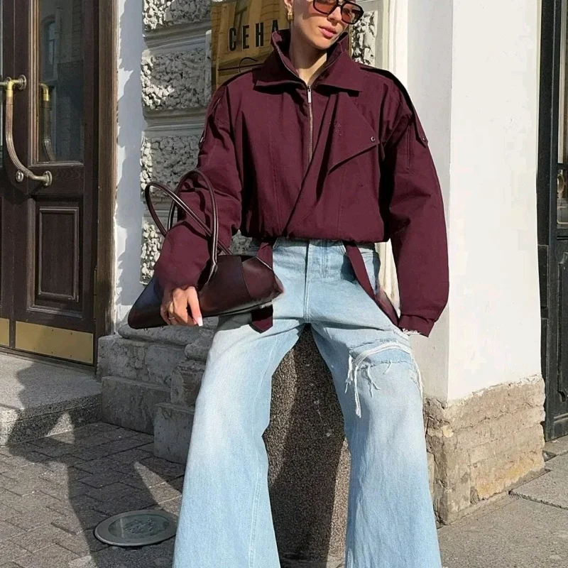 ゆったりフィットジッパーロングスリーブダブルカラージャケット新作秋レディースファッションポリエステル繊維レディースアウタートップ