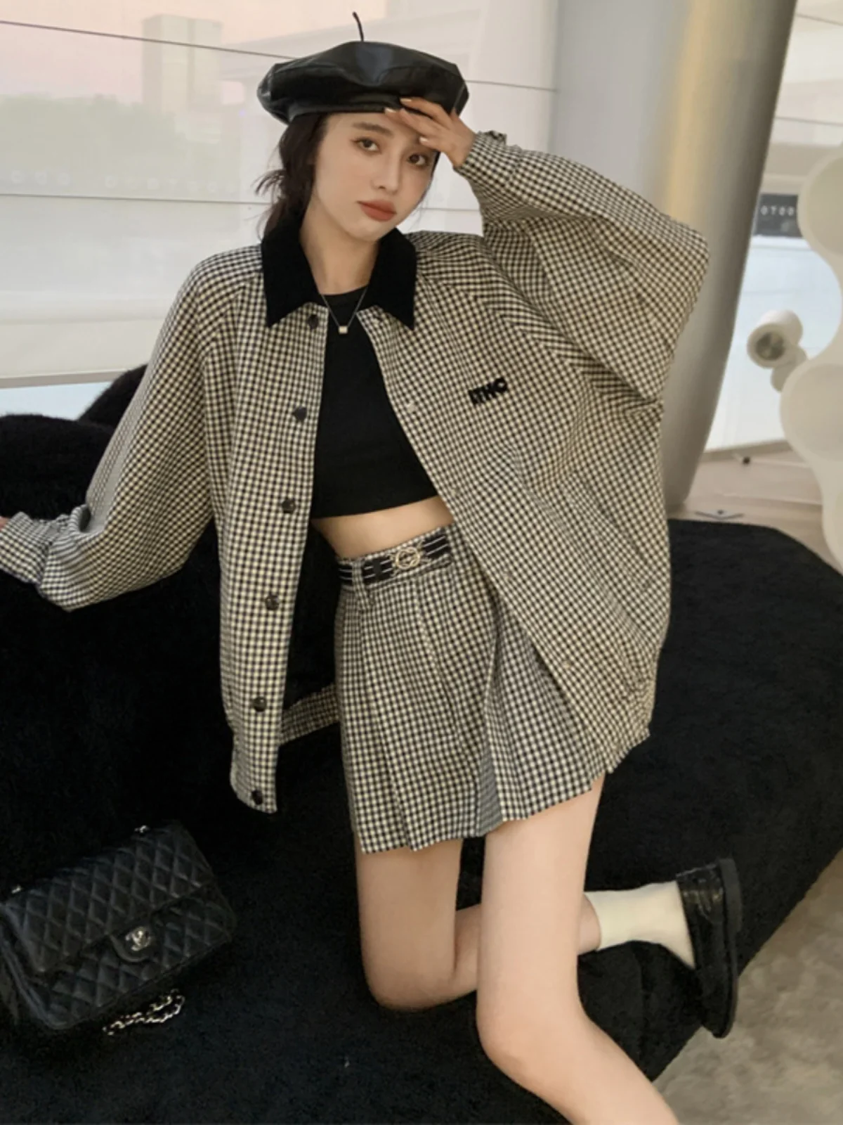 

Elegant Plaid Color Block Coat And A-Line Skirt Set Women's Fashion Autumn 2024 Long Sleeve Button up Two Piece Suit