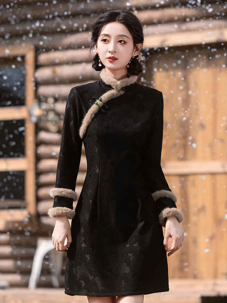 

Bla ort Young Sle Thiened Long Sve Qipao Dr for Small Figures Retro Design Daily Wear Pure Color No Slit