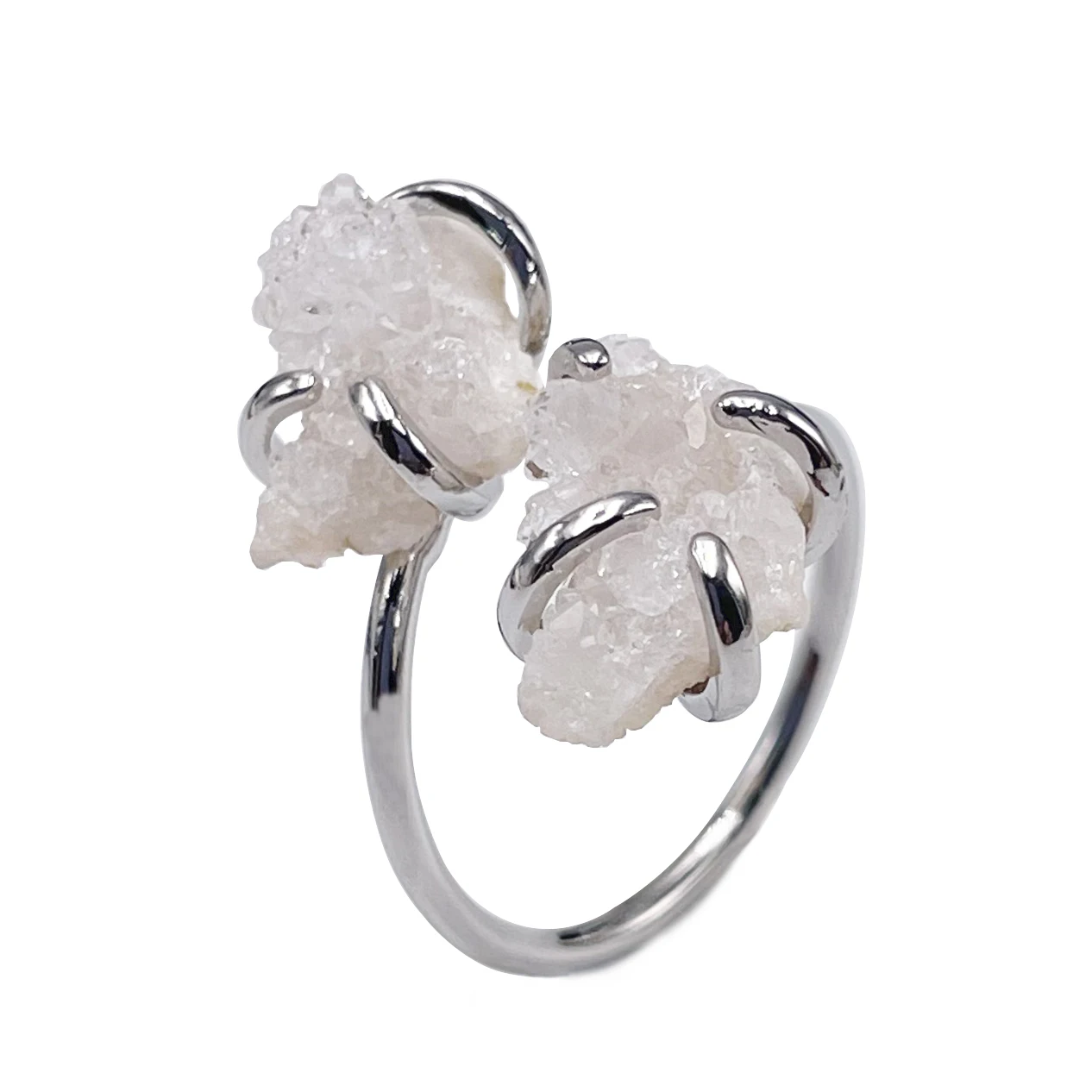 Irregular Crystal Cluster Open Ring for Women Girls Claw Setting Silver-color Boho Natural Stone Finger Jewelry Resizable