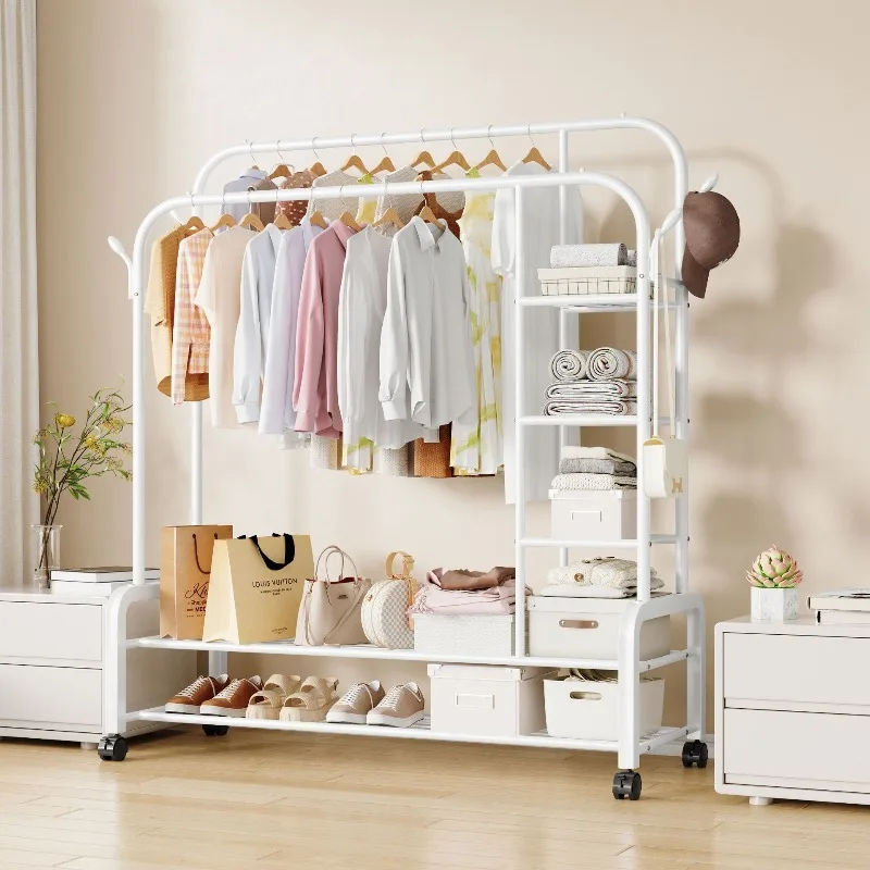 Freestanding Outdoor Balcony Drying Rack Double Rods Movable Clothes Hanger Indoor Laundry Garment Rack Clothing Rack Stand