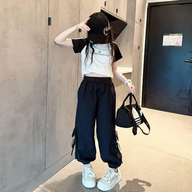 Kawaii 7-14Years Girls Tween 2Piece Suit Summer Outfit Set Kids Trendy Sport Cargo Pants Cool Casual for Big Girls   Daily Wear
