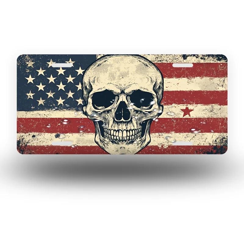 Skull on American Flag Front License Plate, Aluminum License Plate Covers & Frames, Funny Standard Plates Novelty for Decoration