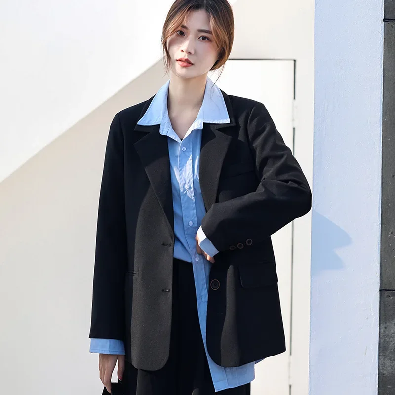 Women 2023 Spring Autumn New Black Mid Length Blazers Solid Colors Double Breasted Suit Plus Size Formal Style Blazer Boyfriend