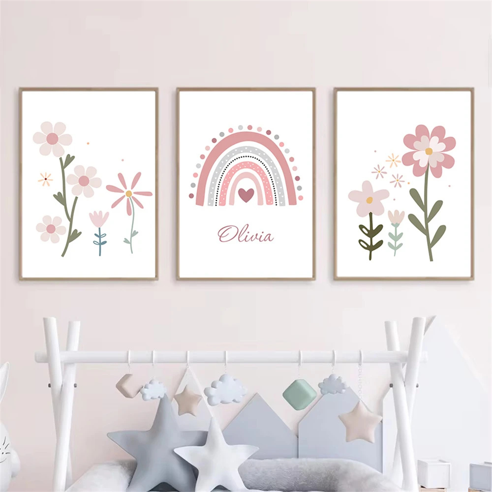 Custom Baby Name Canvas Poster Painting Flower Wall Art Print Pink Rainbow Nursery Posters Nordic Wall Pictures Girl Room Decor