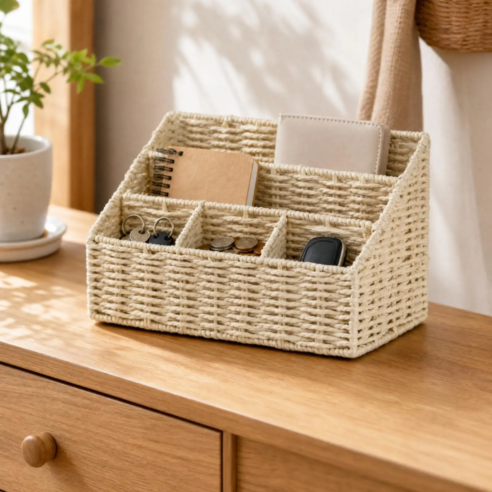 Rectangular Woven Storage Container Desk Organizer Basket Paper Rope Beige with Raised Back and Divided Sections for Everyday