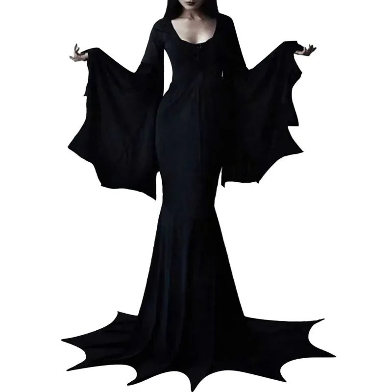 2025 New Halloween Dark Gothic Robe Adult Horror Witch Costume Morticia Addams Train Floor Dress Women☆☆☆aa