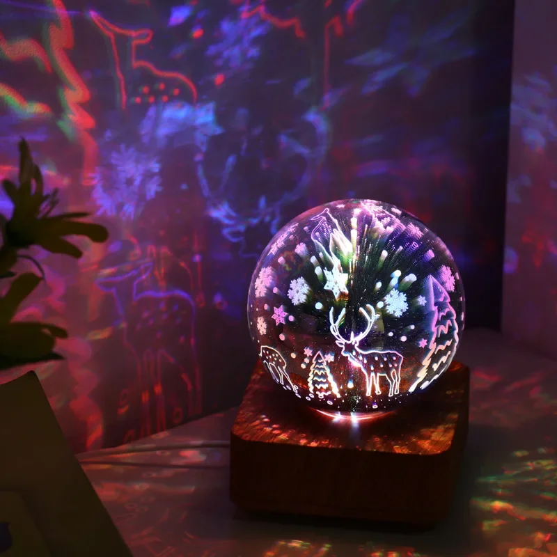 Bola de vidro de cristal mágica global luz noturna LED fogos de artifício luz estrela 3D com base de madeira lâmpada decorativa