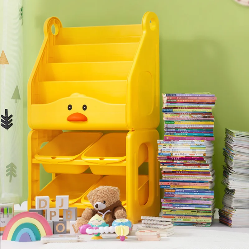 Floor Mounted Movable Picture Book Landing Display Rack for Children Large Capacity Multi-layer Book Storage Rack and cute stool