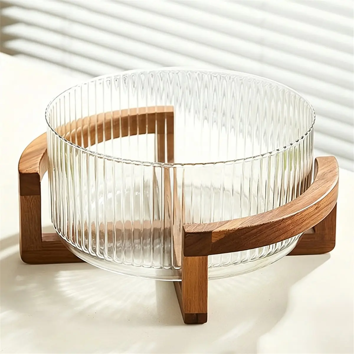 Striped Glass Bowl with Wooden Stand Scratch-Resistant Round Salad Fruit Dessert Display for Living Room