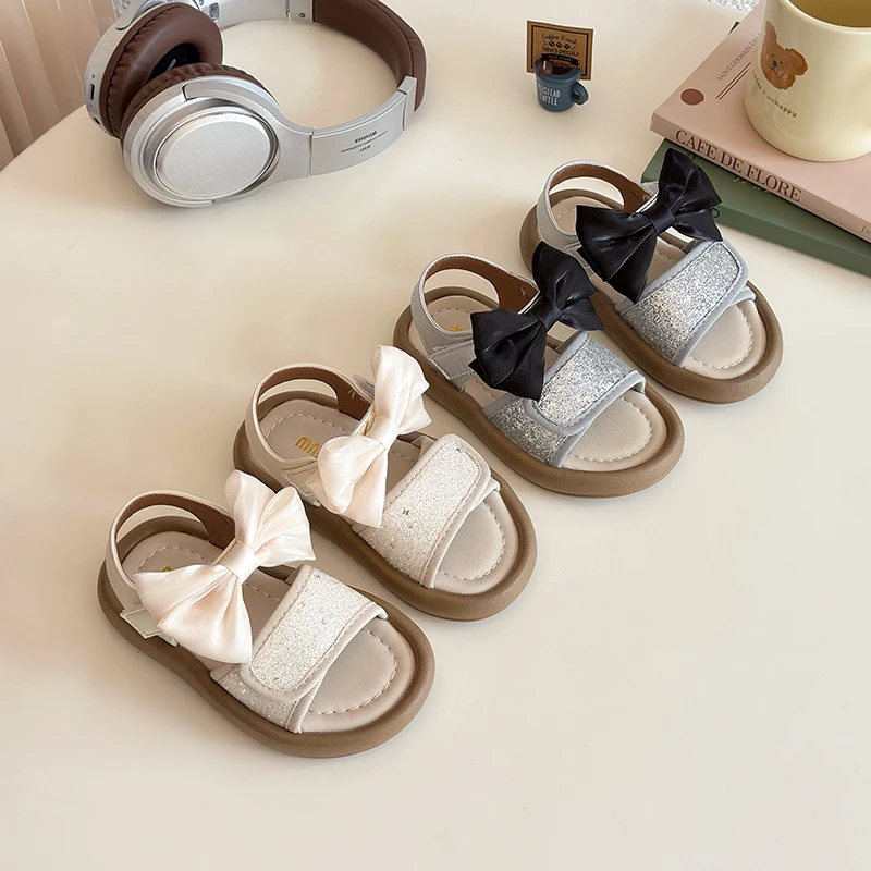 

Toddlers Girls Sandals Little Kids Beach Shoes 2025 Summer Brand New Children Flat Sandals Sweet Princess with Bowtie Open Toes
