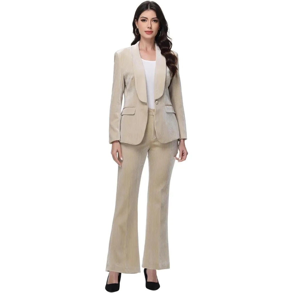 レディース パンツスーツ ドレスアップ シルバー糸 ベルベット ツーピーススーツセット ブレザーとフレアパンツ