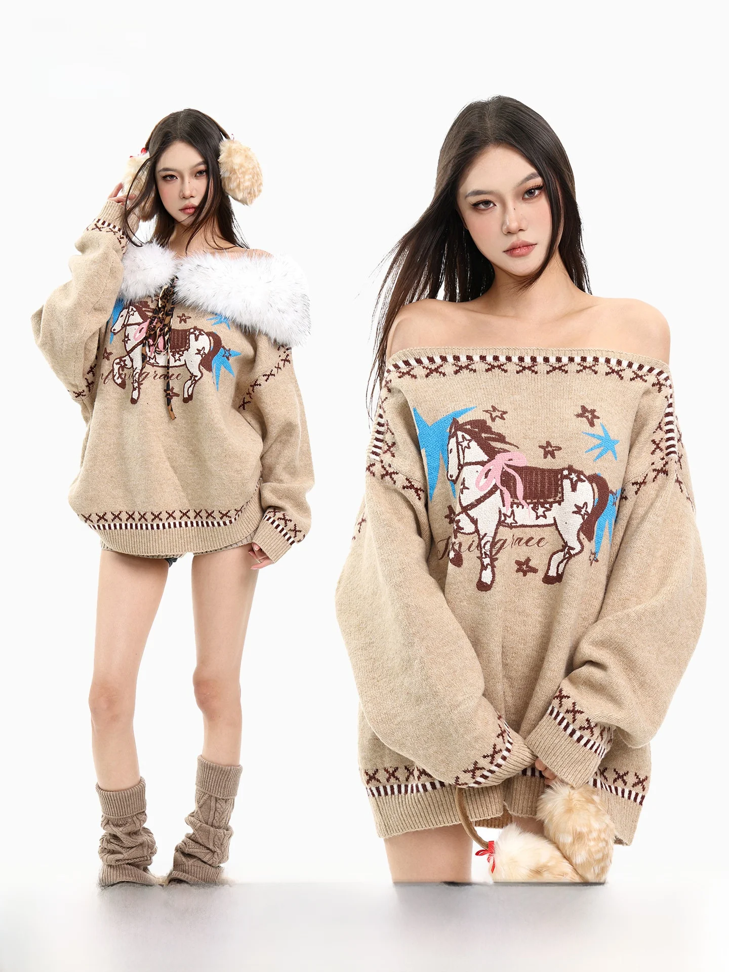 

CCUP SPACE Американский вязаный свитер на одно плечо с героями мультфильмов, женский облегающий теплый топ, винтажный длинный свек Crew Ne