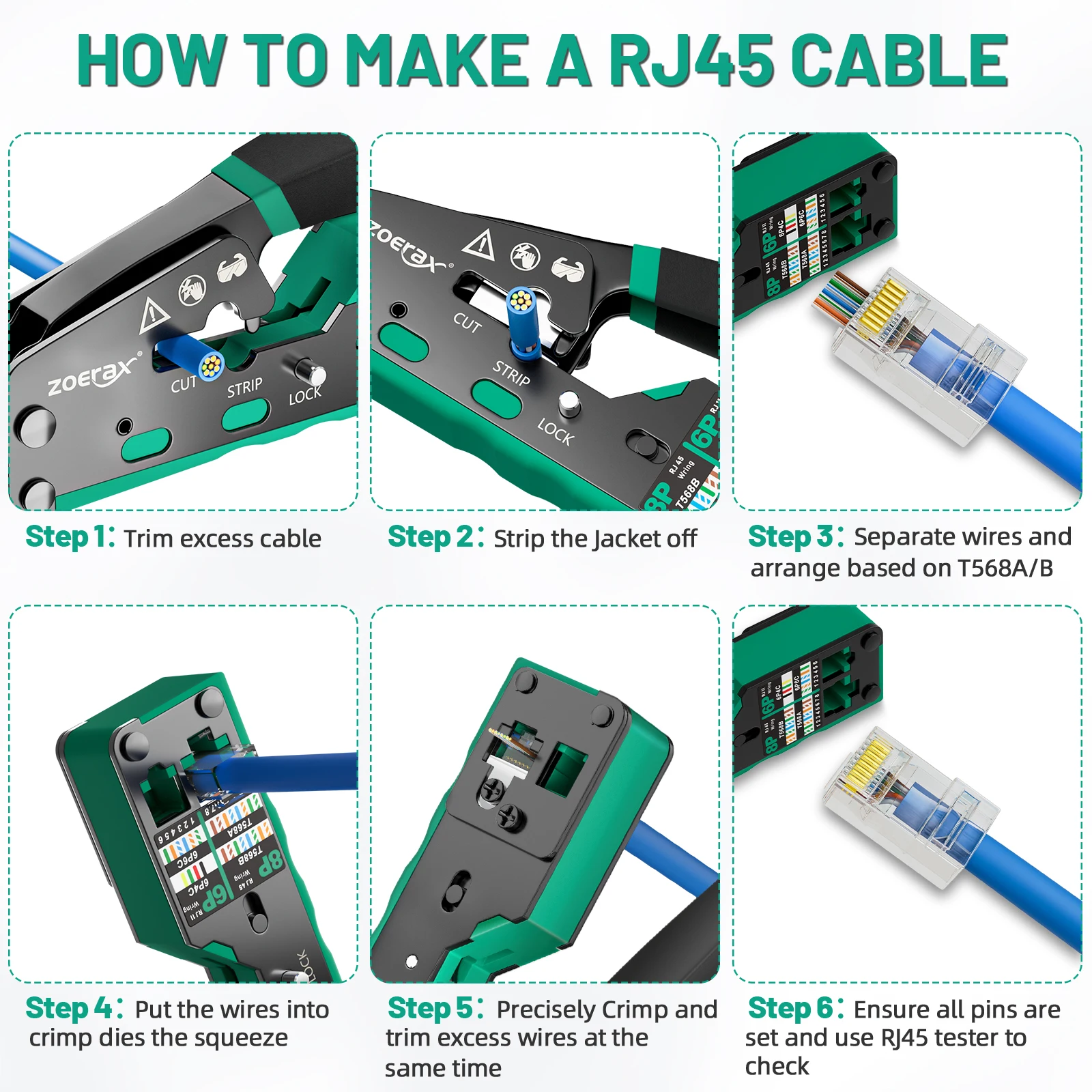 ZoeRax RJ45 Crimp Tool Kit Pass Through Cat6 Crimping Tool For Cat5 Cat5e Cat6 8P8C Connector, All-in-one Ethernet Crimper