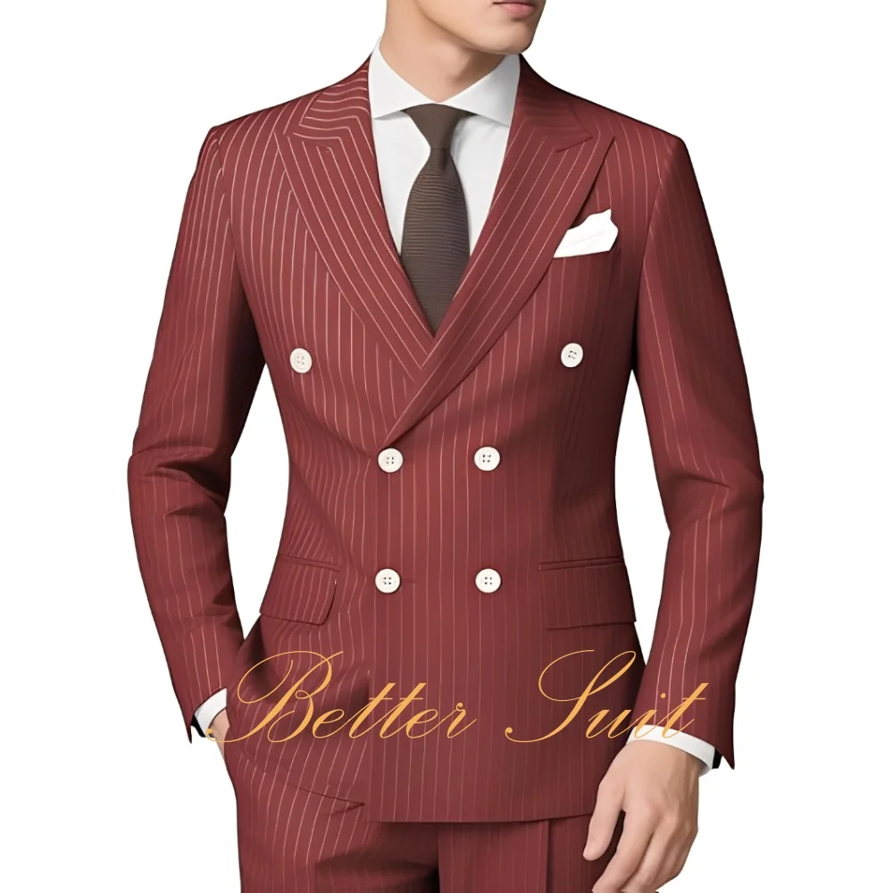 بدلة رجالية مقلمة 2 قطعة بقصة عادية مزدوجة الصدر سترة السراويل لحفلات الزفاف الرجال الدعاوى العريس حفلة موسيقية سهرة البدلة #4