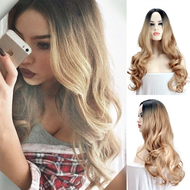 

Long Wavy Hair Full Wig Ombre Blonde Fanshion Synthetic Women Party Use