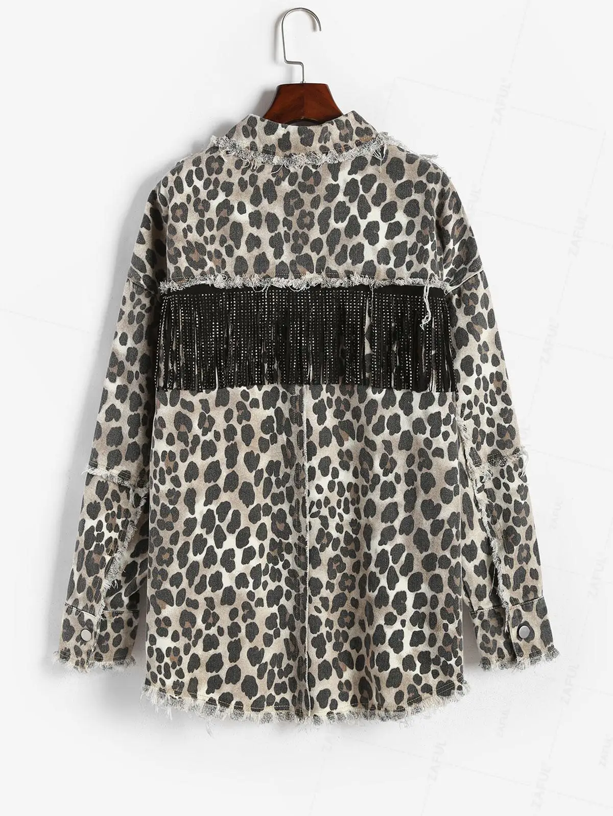 ZAFUL Chaqueta vaquera de lavado con un solo pecho y estampado de leopardo deshilachado con borlas de diamantes de imitación vintage para mujer