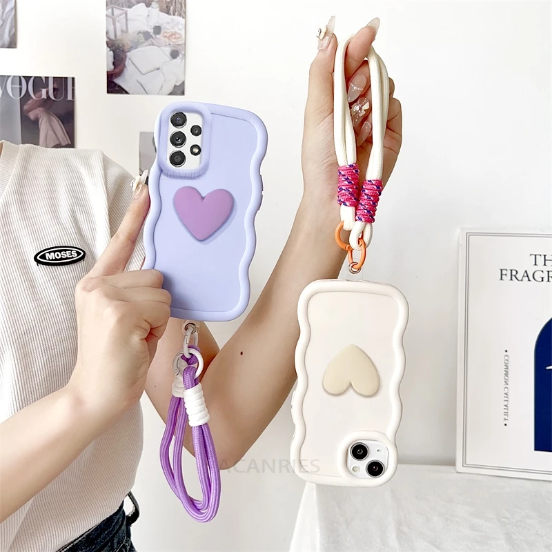 A 52 53 13 23 33 Love Heart Wavy Silicone Case For Samsung Galaxy A52 A53 A13 A23 A33 A73 A32 4g A12 Lanyard Wrist Strap Cover