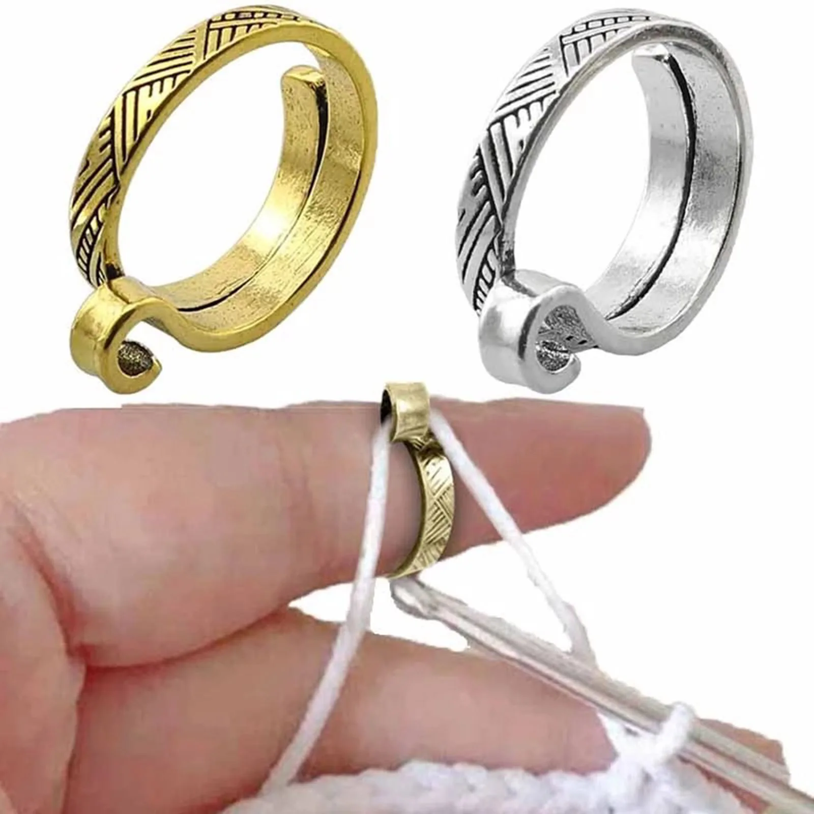 

1 Piece Copper Patterned Crochet Finger Ring Blade Needle Braiding Crochet Yarn Guide Crocheting Loop Thread Wrapped Rings 17mm