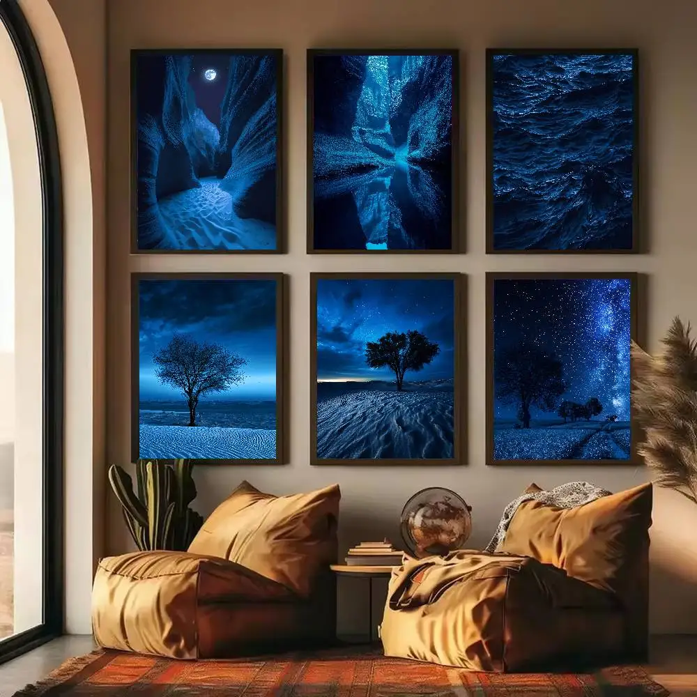 Dark Blue Night Landscape Poster, Mysterious Ocean Mountain Tree Scenery Wall Art Print Cool Blue Tone Nature Picture Wall Decor